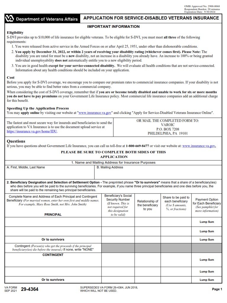 Fillable Va Form 29 4364 Application For Service Disabled Veterans