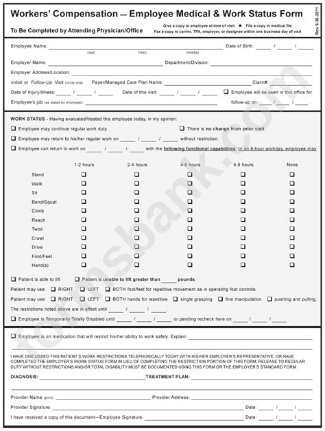 Fillable Workers Compensation Employee Medical Work Status Form