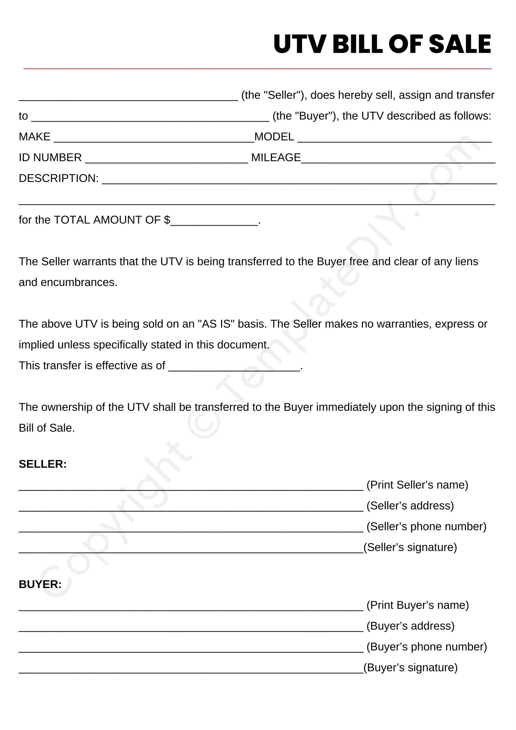 Firearm Bill Of Sale Blank Printable Form Template In Pdf Word