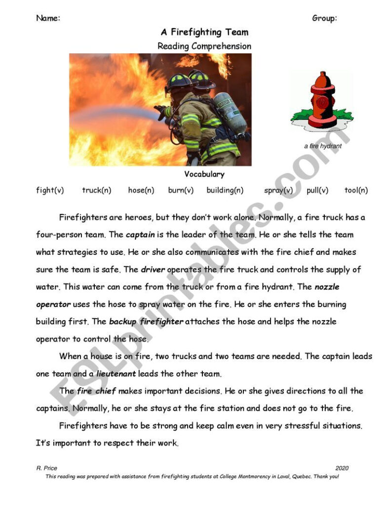 Firefighter Reading Comprehension Esl Worksheet By Msrachelquebec