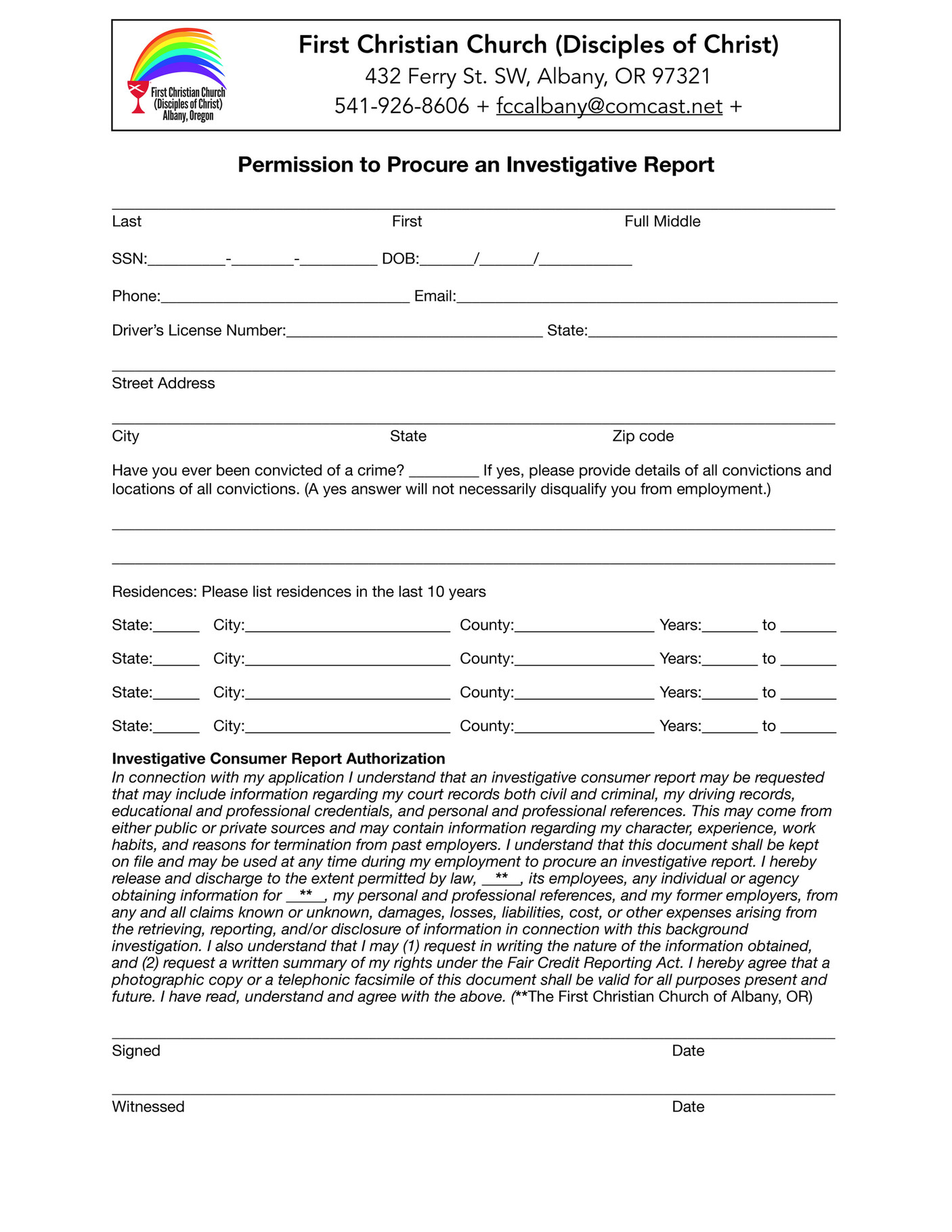 First Christian Church Of Albany Background Check Form Page 1 Created With Publitas Com