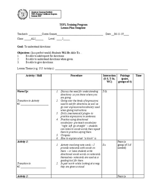 First Lp Tefl Lesson Plan Template 2019 Speaking Listening Pdf