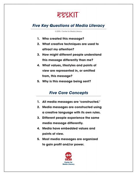 Five Core Concepts Five Key Questions Of Media Literacy