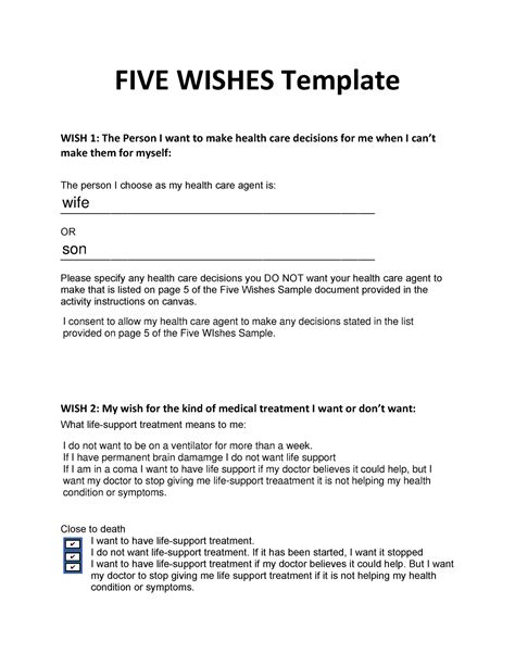 Five Wishes For Me Example Five Wishes Template Wish 1 The Person