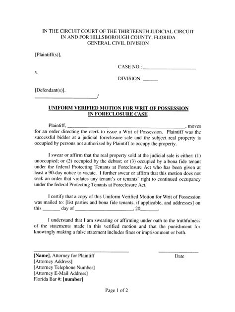 Fl Uniform Verifiied Motion For Writ Of Possession In Foreclosure Case Complete Legal Document