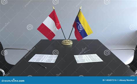 Flags Of Peru And Papers On The Table Negotiations And Signing An