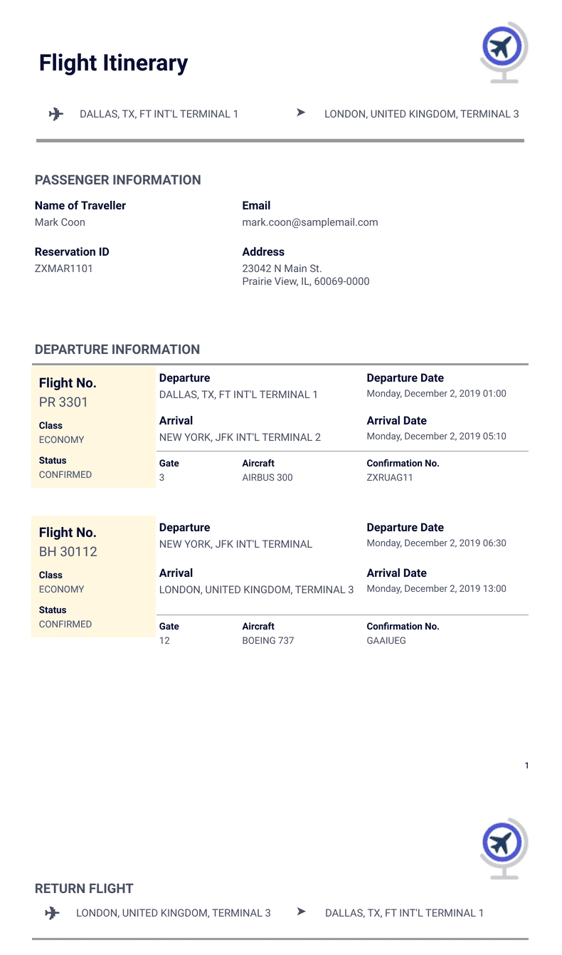 Flight Itinerary Template Pdf Templates Jotform, 58% Off