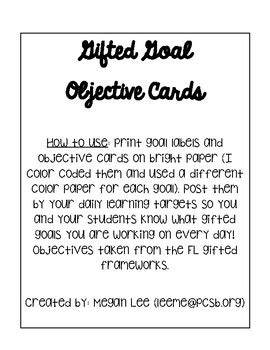 Florida Gifted Goal Objective Cards By Miss Lee S Learners Tpt