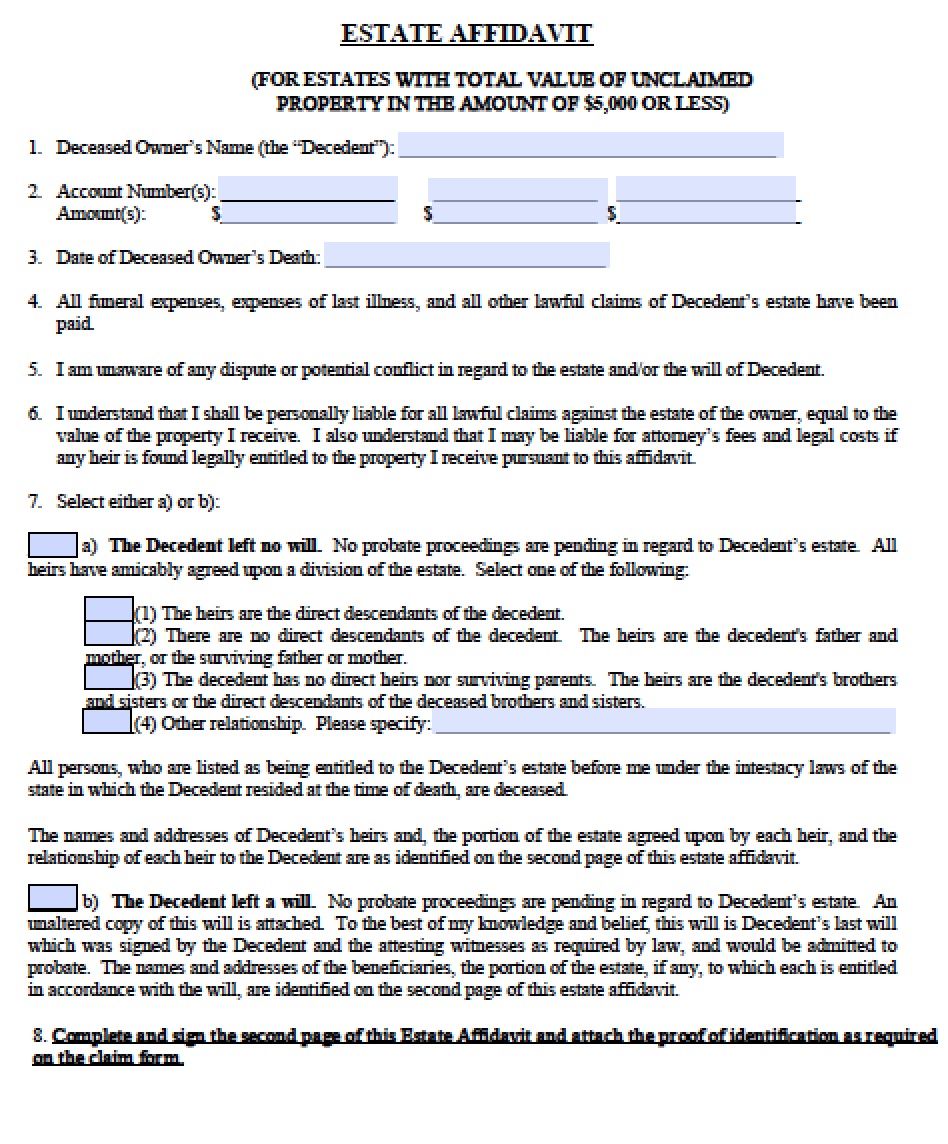 Florida Small Estate Affidavit Form Printable Printable Forms Free Online