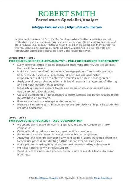 Foreclosure Specialist Resume Samples Qwikresume