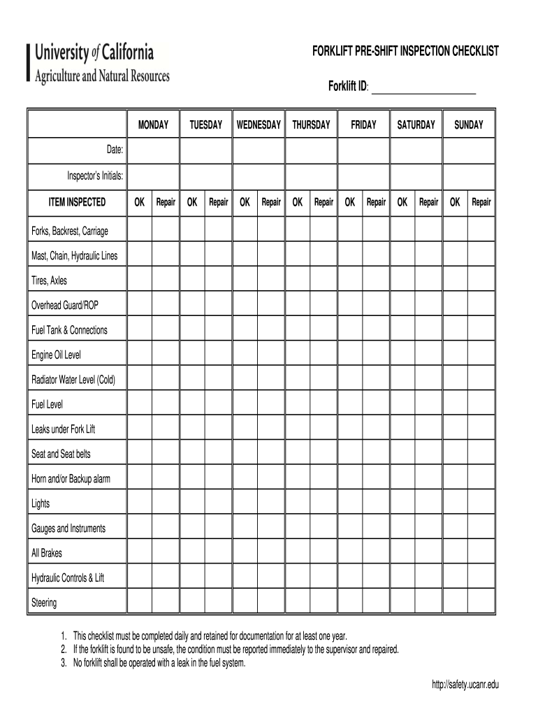 Forklift Inspection Checklist Pdf Fill Online Printable Fillable