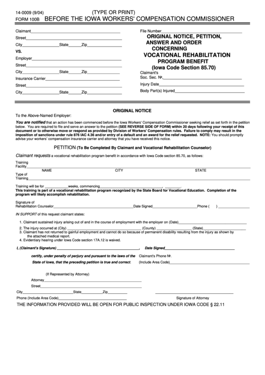 Form 100B Original Notice Petition Answer And Order Concerning