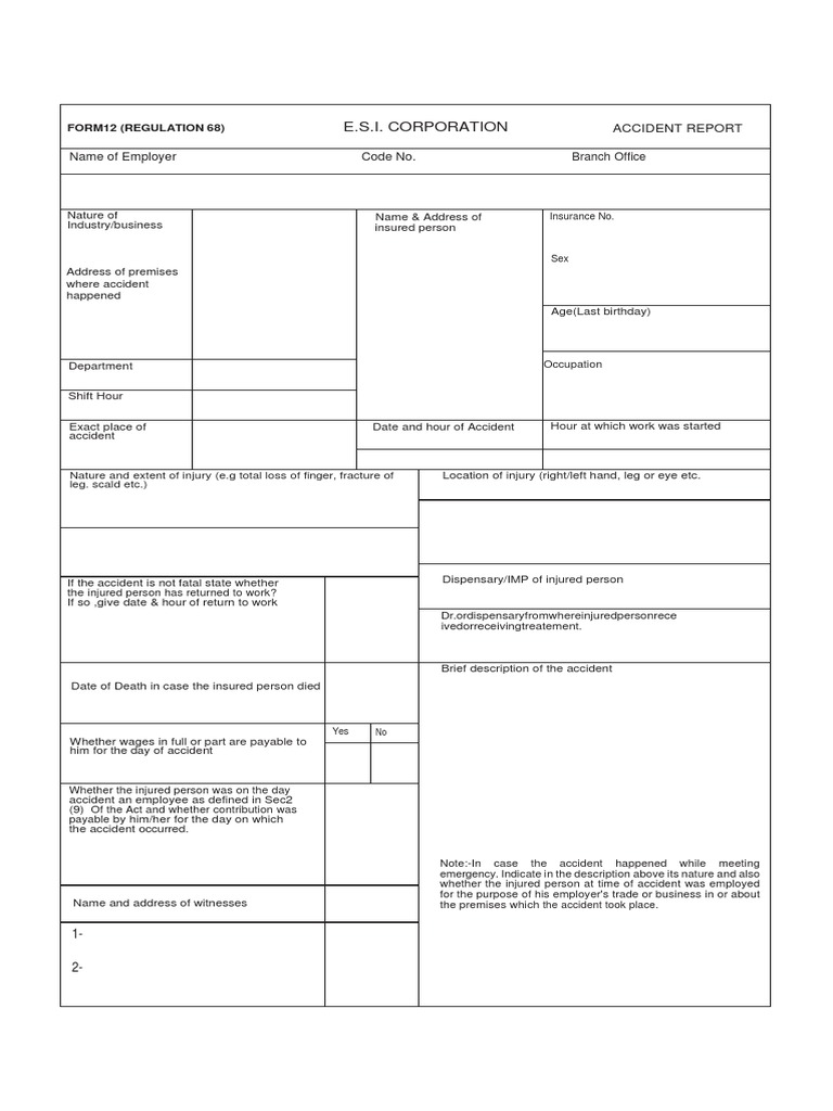 Form 12 Accident Report From Employer