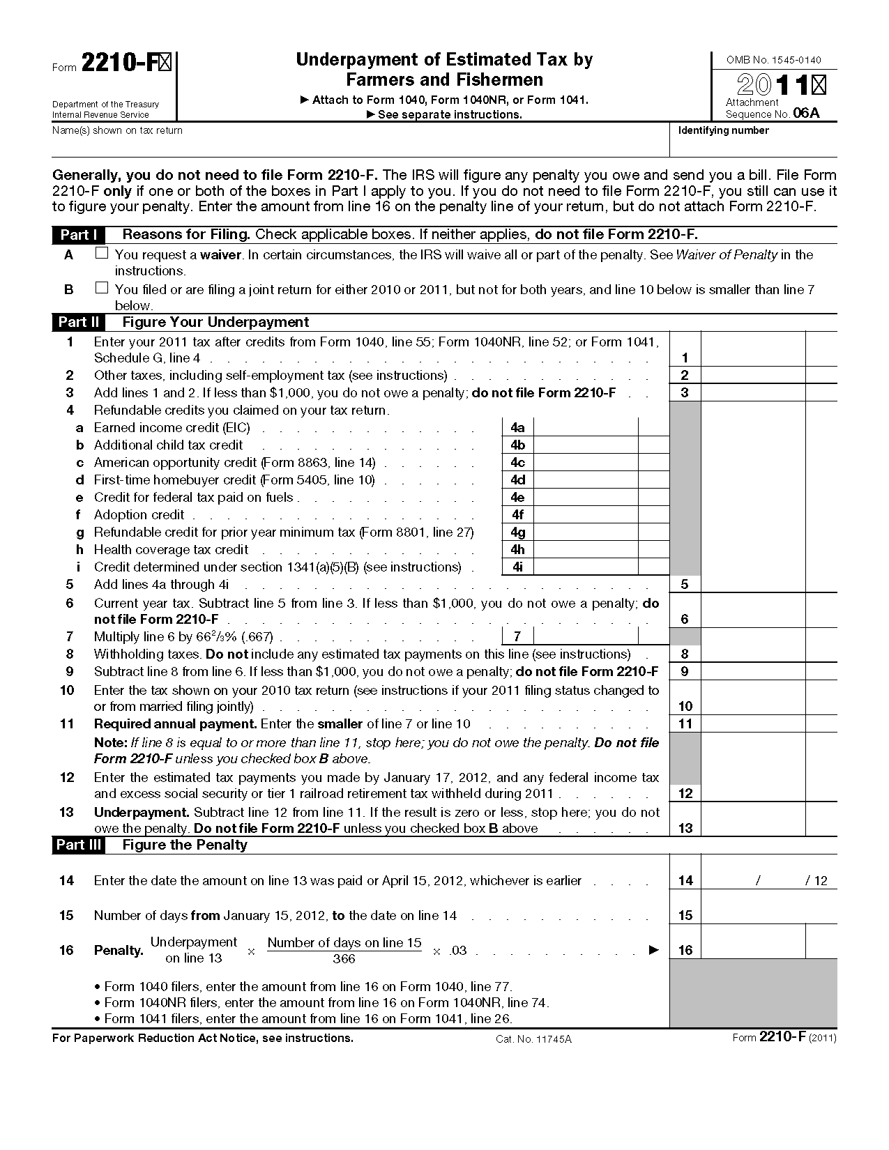 Form 2210 F Underpayment Of Estimated Tax By Farmers And 1040 Form Printable