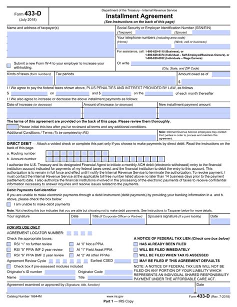 Form 433 D Installment Agreement Internal Revenue Service Printable