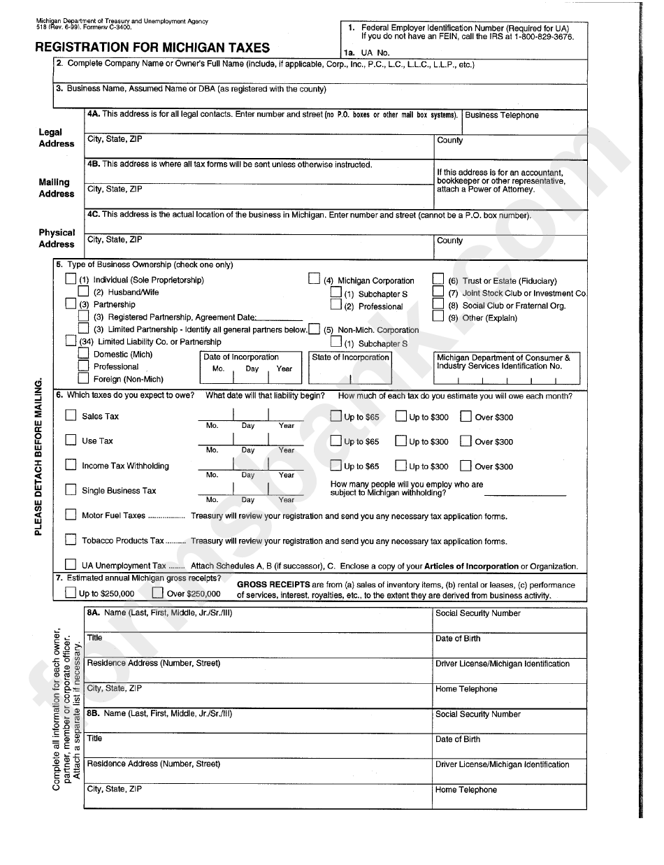 Form 518 Registration For Michigan Taxes Michigan Department Of