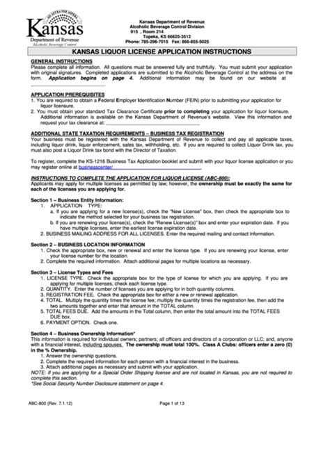 Form Abc 800 Kansas Liquor License Application Instructions Printable