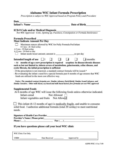 Form Adph Wic 111A Alabama Wic Infant Formula Prescription With Instructions Printable Pdf