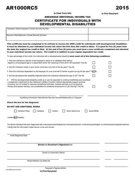 Form Ar1000rc5 Certificate For Developmentally Disabled Individual