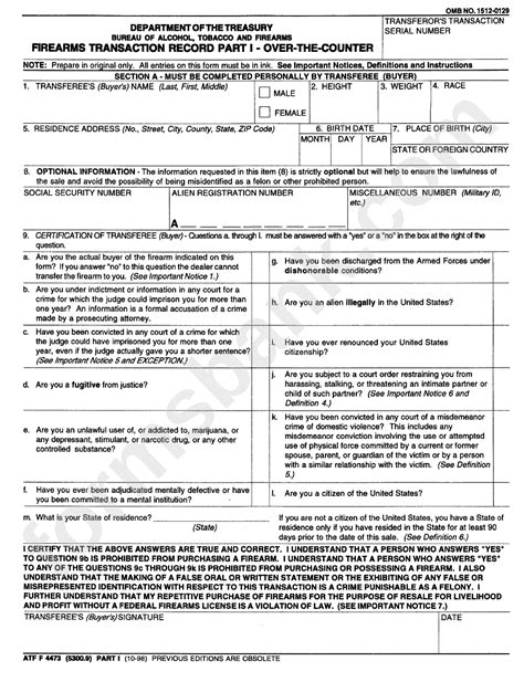 Form Atf F 4473 Firearms Transaction Record Part I Printable Pdf Download