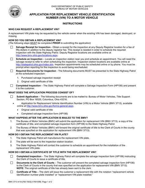 Form Bmv 3713 Application For Replacement Vehicle Identification Number Vin Forms Docs 2023