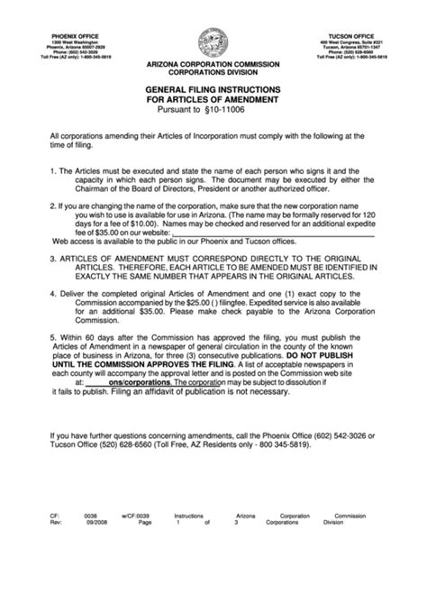 Form Cf 0038 Non Profit Corporation Articles Of Amendment Printable