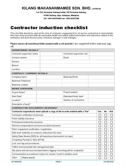 Form Contractor Induction Checklist Pdf Prevention Occupational