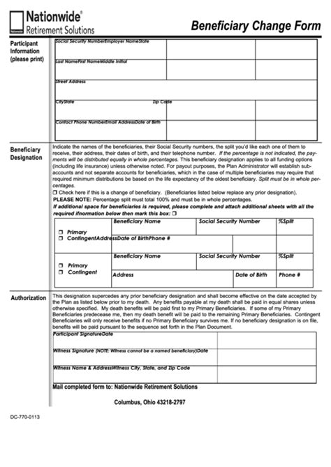 Form Dc 770 0113 Nationwide Beneficiary Change Form Printable Pdf