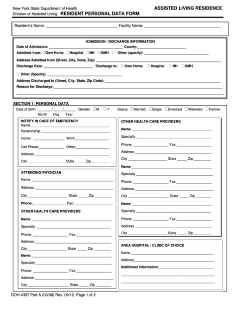 Form Doh 4397 Assisted Living Residence Resident Personal Data Form