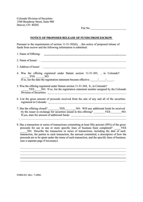 Form Es Notice Of Proposed Release Of Funds From Escrow Printable Pdf Download