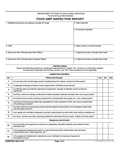 Form Fda 2966 Food Gmp Inspection Report Free Download