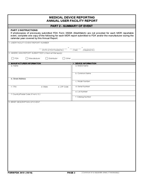 Form Fda 3419 Medical Device Reporting Annual User Facility Report Free Download