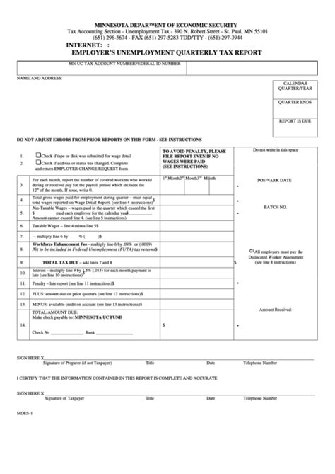 Form Mdes 1 Employer S Unemployment Quarterly Tax Report Printable