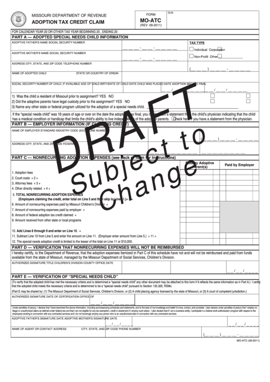 Form Mo Atc Adoption Tax Credit Claim 2011 Printable Pdf Download