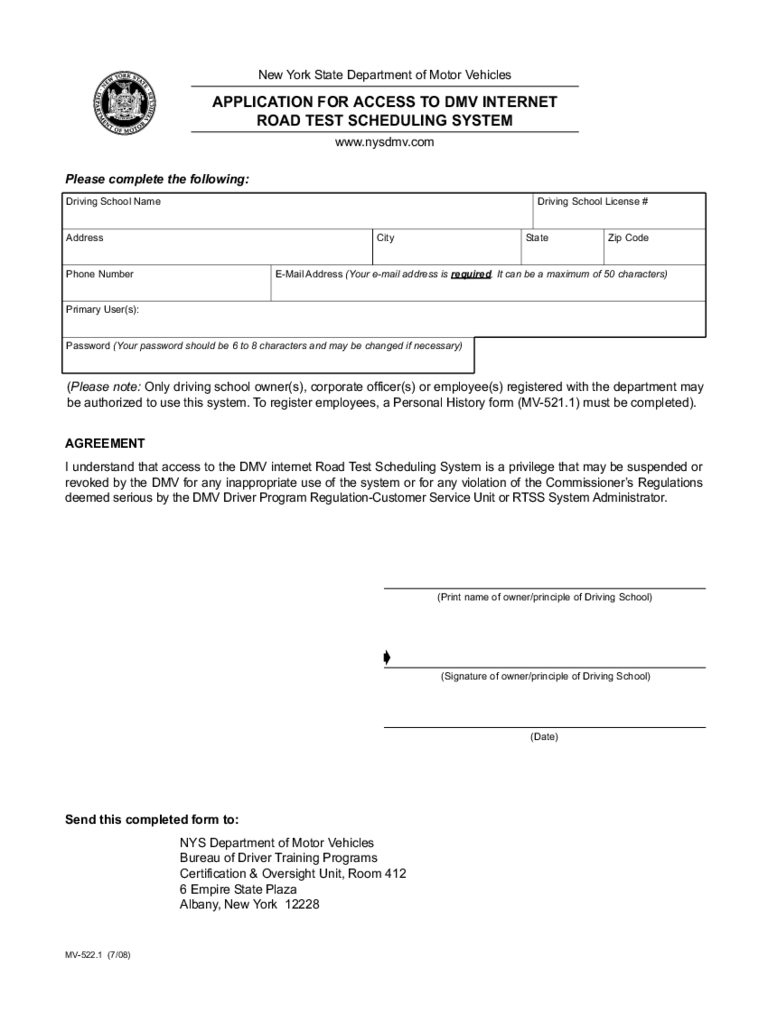 Form Mv 522 1 Application For Access To Dmv Internet Road Test