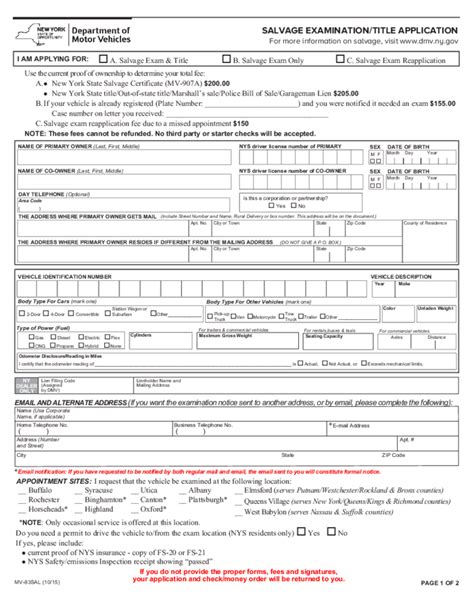 Form Mv83 Sal Salvage Examination Title Application New York Free