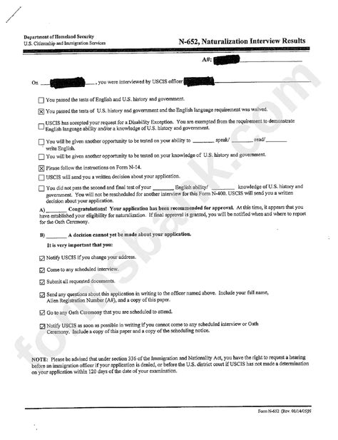 Form N 652 Naturalization Interview Results Printable Pdf Download