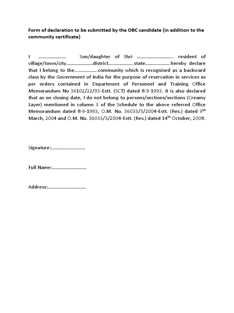 Form Of Declaration To Be Submitted By The Obc Candidate Pdf