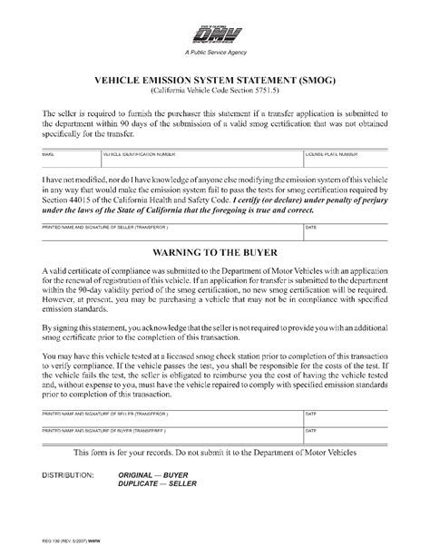 Form Reg 139 Vehicle Emission System Statement Smog Forms Docs