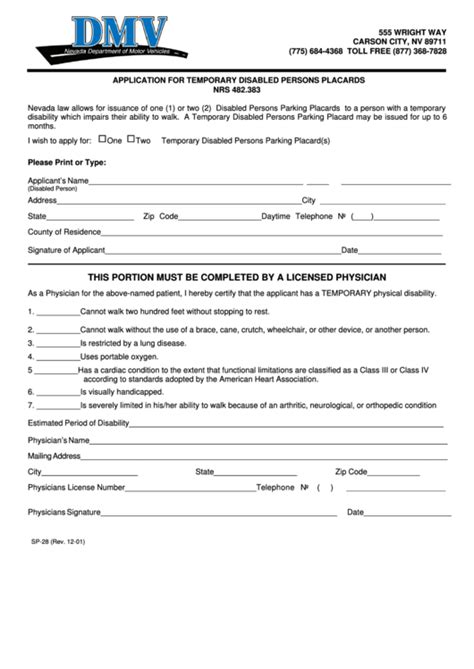 Form Sp 28 Application For Temporary Disabled Persons Placards Nrs