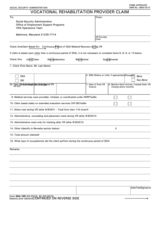 Form Ssa 199 Vocational Rehabilitation Provider Claim Forms Docs