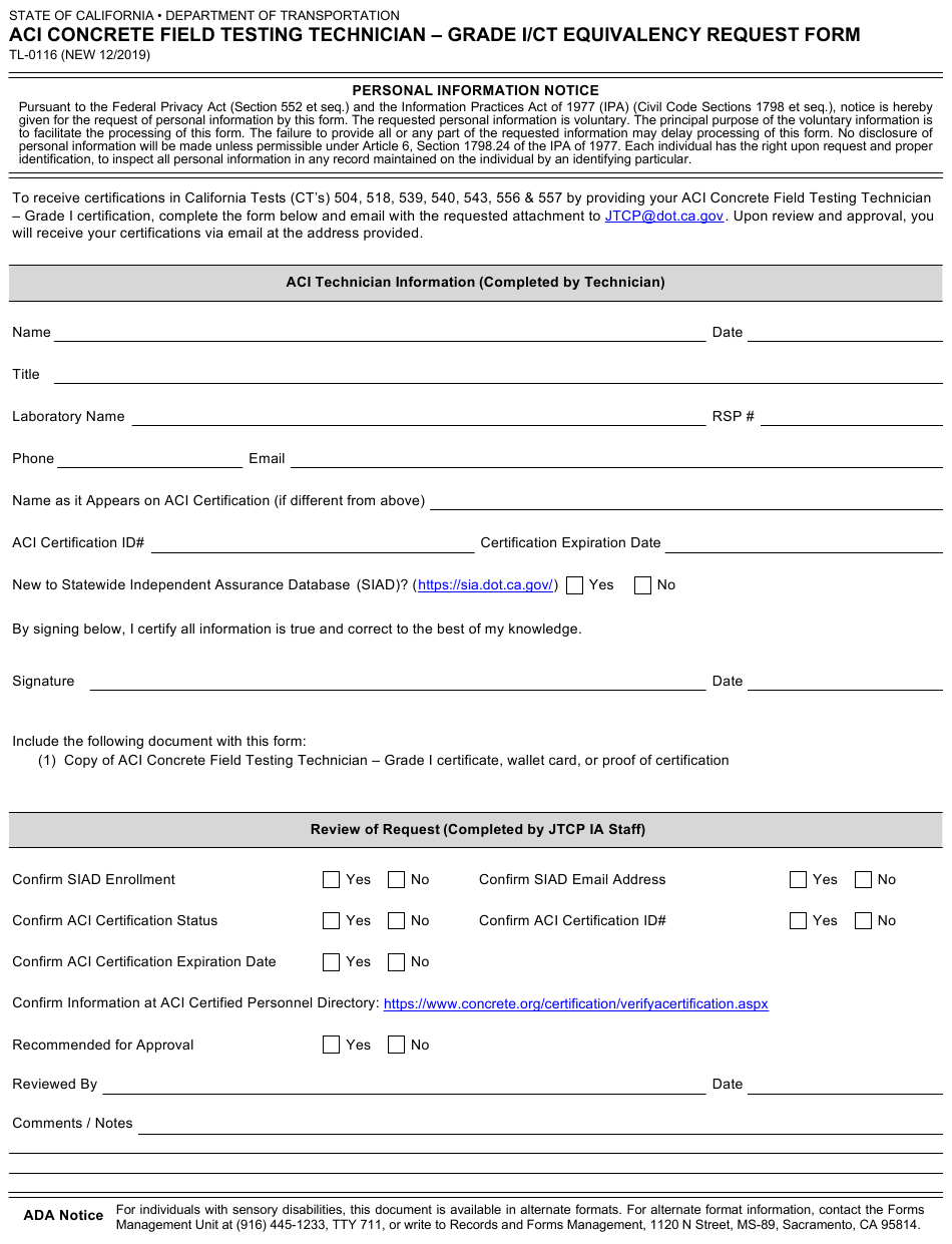 Form Tl 0116 Download Fillable Pdf Or Fill Online Aci Concrete Field Testing Technician Grade