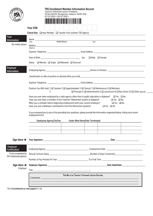 Form Trs 100 Teachers Retirement System Enrollment Member