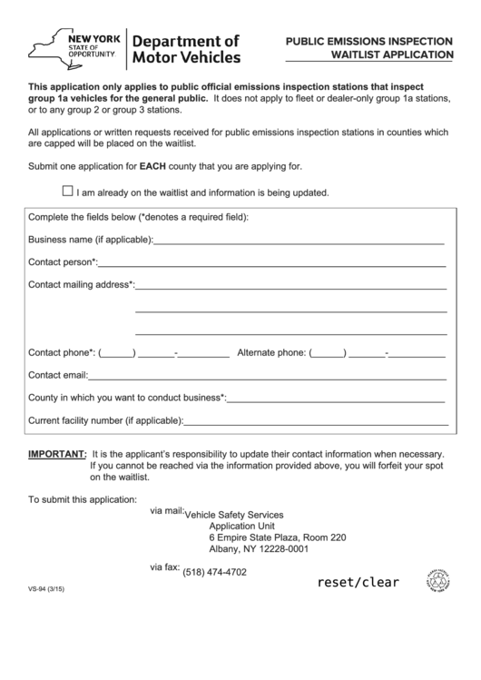 Form Vs 94 Public Emissions Inspection Waitlist Application New