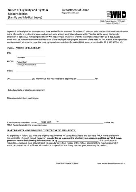 Form Wh 381 Download Fillable Pdf Or Fill Online Notice Of Eligibility