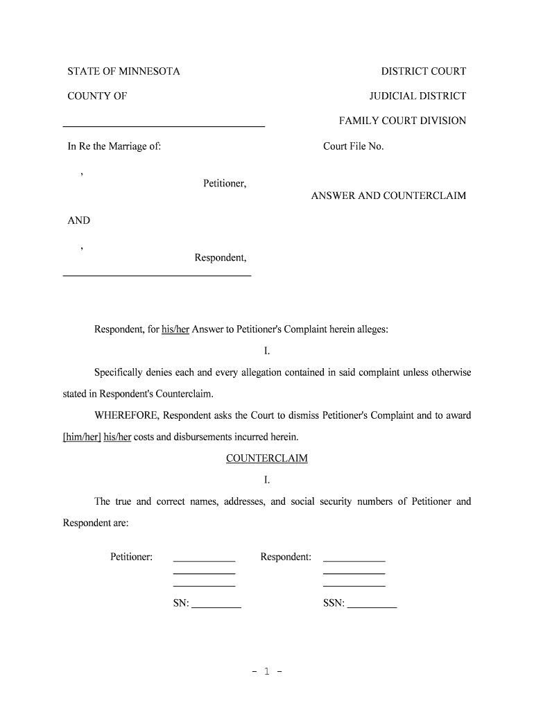 Forms To Respond To Divorce Petition Minnesota Judicial Fill Out And