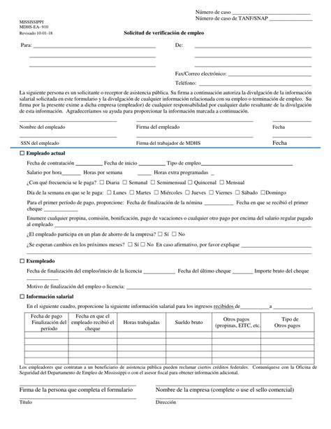 Formulario Mdhs Ea 910 Fill Out Sign Online And Download Fillable Pdf Mississippi Spanish