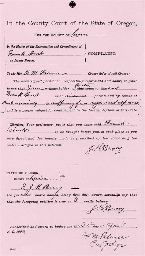 Frank Hurt S Oregon Insane Asylum Commitment Papers