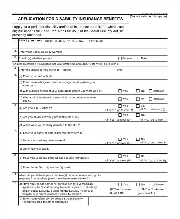 Free 10 Sample Disability Application Forms In Pdf Ms Word Printable