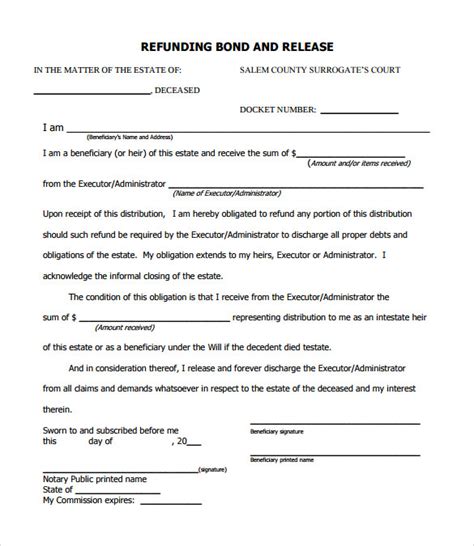 Free 12 Bond Release Forms In Pdf Ms Word